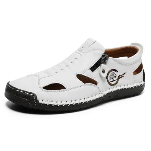 Hixingo Men's Closed Toe Sandals, Genuine Leather Walking Sandals for Men, Breathable Summer Beach Shoes Comfortable Non-Slip Fishermen Hiking Shoes, Wide Fit (F6611 White Black,11.5)