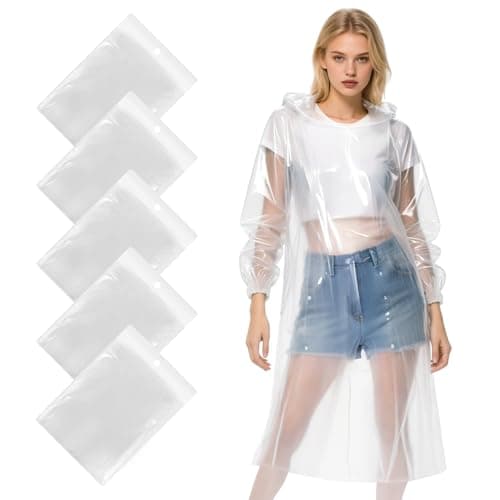LEEPAT 5 Pack Ponchos Waterproof with Sleeves and Drawstring Hood, Thickened Portable Adult Emergency Disposable Waterproof Poncho Ideal for Festival Waterproofing, Camping, Theme Parks