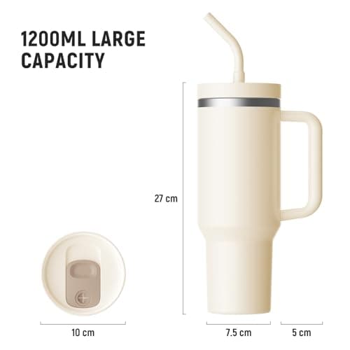 LEIKEEGO Travel Mug Coffee Cup, 1200ml/40oz Tumbler with Straw and Lid, Stainless Steel Double Wall Vacuum Insulated Coffee Cup with Handle-Keeps Cold for 24H-Hot for 12H(Cream Tonal) — view 3