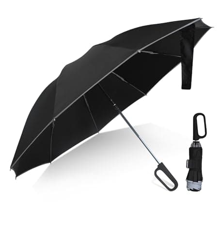Compact Inverted Umbrella with Never Forget Carabiner Handle - Travel Umbrella Windproof Strong, Automatic Umbrellas for wind rain, Auto Open Close, 10 Rib Durable Frame for Women Men (UV Black)