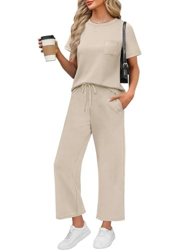 WIHOLL 2 Piece outfits Women fashion lounge wear sets for women uk Casual Summer Travel Vacation Outfits Short Sleeve Wide Pants Beige L