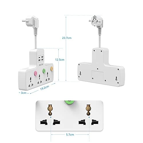 Travel Plug Extension, UK To EU Multi Plug with USB, 3 Way Individual Switched Sockets with USB C Extension Cord (10A/2500W) — view 5