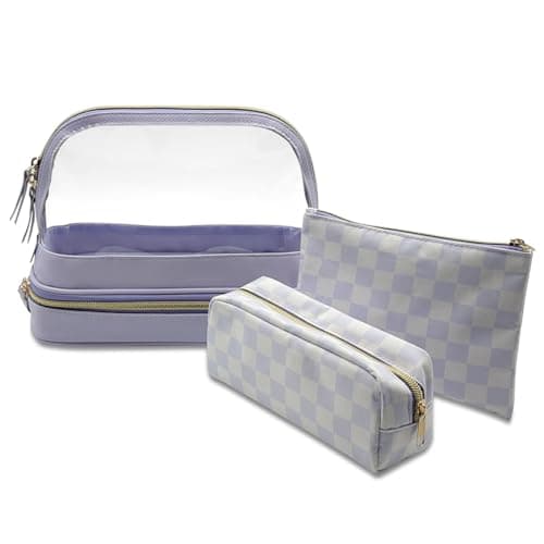 Sangula·Valley Makeup Bag 3 Pack, Double Layer Transparent Cosmetic Bag Organizer, Women's Toiletry Bag, Travel Essentials (Purple)