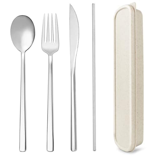SUOXU Cutlery Set with Case,Stainless Steel Flatware Set 4-Piece Set:Knife Fork Spoon Straw,Dishwasher Safe,Long Handle Suitable for Outdoor Picnic Camping Travel Office School Lunch Beige Box Cutlery