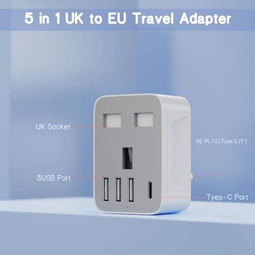 Herfair UK to European Plug Adapter,UK to EU Adaptor with 3 USB A & 1 USB C Ports,5 in 1 EU Grounded Europe Power Euro Plug for Spain France Iceland Germany Greece Poland(Type E/F) Gray — view 3