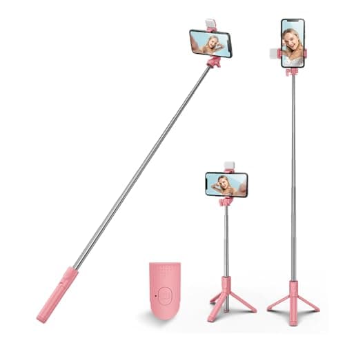 HCTian Selfie Stick Tripod with light,Extendable 360° Rotation Tripod Stand with Detachable Wireless Remote Portable 3 in 1 Phone Holder Compatible with iPhone,Android,samsung (pink+light)