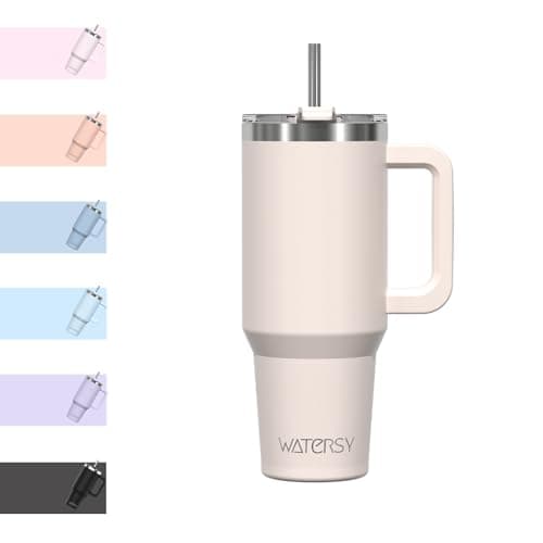 WATERSY Travel Mug Coffee Cup 30oz Tumbler Straw Lid and Handle, Stainless Steel Double Wall Vacuum Insulated Coffee Water Bottle Thermal for Cold Hot Coffee 891ml Ivory Beige