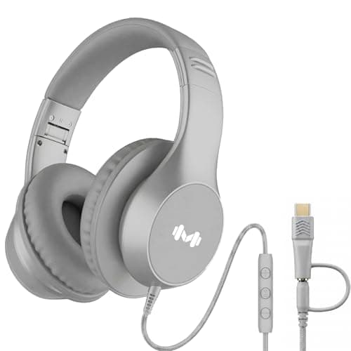 Zollexa Wired Over-Ear Headphones, Mic, 3.5mm Jack, USB-C Adapter, Silver