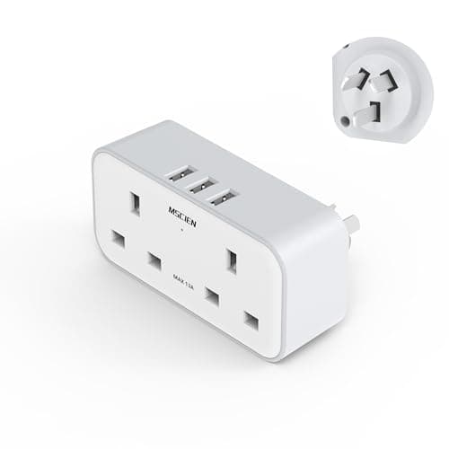 UK to Australia Plug Adapter With 3 USB, Grounded Australian China New Zealand Travel Plug Adaptor, Double Outlet UK with Dual 2 Pin Socket at The Bottom for AUS NZ Argentina Fiji (Type I)
