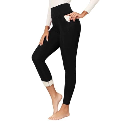Thermal Leggings Women with Pockets High Waist Fleece Lined Tights Sport Black Leggings Warm Winter Fur Yoga Pants Tummy Control Trousers Soft Stretchy Tights Workout Gym Outdoor Running Skiing