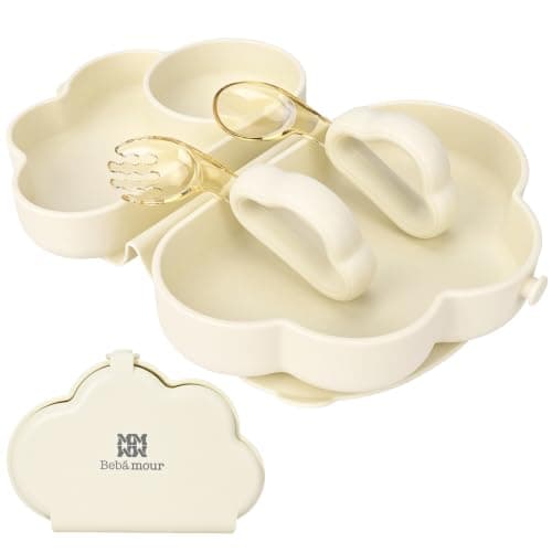 Bebamour Foldable Toddler Feeding Set with Silicone Plate, Fork & Spoon, BPA-Free Self Feeding Set for Toddlers 2-4 Years, Portable Travel Friendly Weaning Tableware, Dishwasher Safe (Beige)