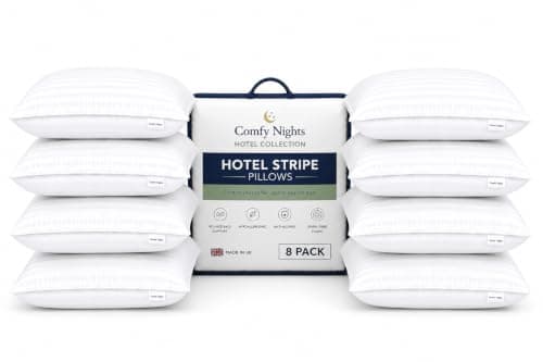 Comfy Nights Pillow 8 Pack Hotel Quality Stripe Bed Pillows Hypoallergenic & Anti Dust Mite Resistant Firm Support Side Sleeper Bounce Back Pillow (Pack of 8)