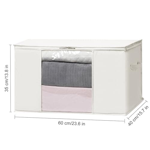 TYEERS Large Storage Bags with Zip and Clear Window, Cotton Blended Fabric Storage Containers for Seasonal Clothes and Bedding, 60x40x35 cm, 2-Pack, Beige — view 2