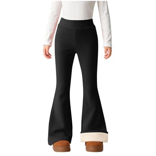 Saxrel Black Girls Fleece Lined Flared Leggings Slim Fitting School Trousers Thermal Yoga Pants Winter Warmth Sports Full Length Leggings Dance Pants Soft Fuzzy Athletic Kids Trousers