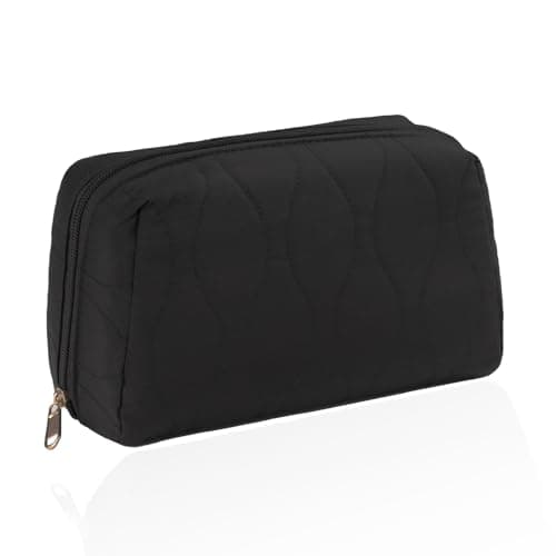 Makeup Bag Travel Cosmetic Bag,Large Capacity Makeup Organizer Case,Wide-Open Pouch Purse,Puffy Padded Make Up Bag for Women,Black