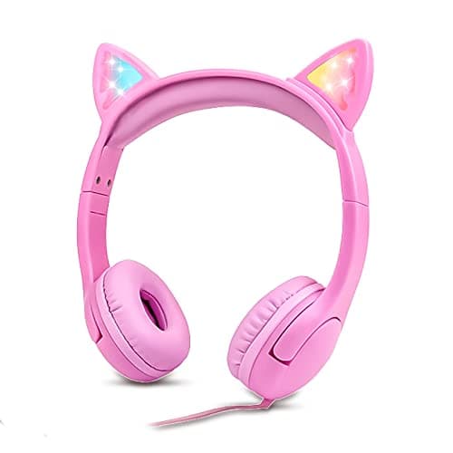 Olyre Kids Wired Headphones with Mic, LED Cat Ears, Girls, Toddlers, Pink