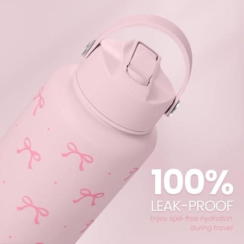 Pink Bow Water Bottle 1L (32oz) Insulated Water Bottle Stainless Steel Pink Girls Water Bottle with Straw for Women Girls, Birthday and Back to School Gift — view 5
