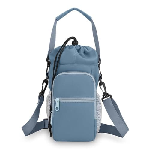 Portable Insulated Water Bottle Bag with Adjustable Strap, Thermal Mug Holder Protective Cover with Phone Pocket for Outdoor Sports Travel(Blue)