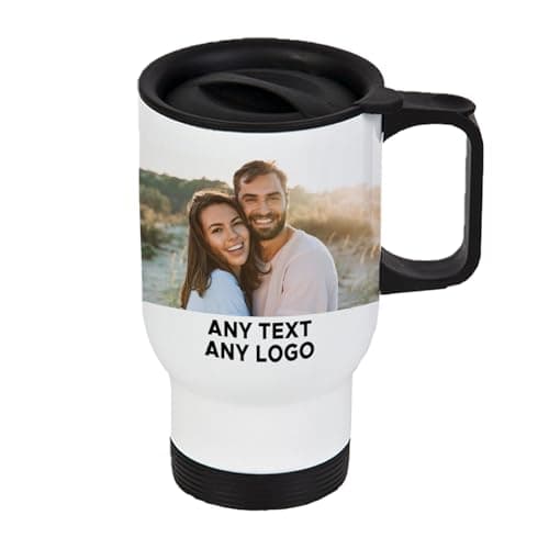 Personalised Travel Mug White 14oz with Handle & Lid – Custom Stainless Steel Coffee Mug with Photo, Text or Logo, Reusable Insulated Mug for Hot Drinks – Gift for Mum, Dad, Friend & Colleague