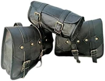 Handmade Panniers Luggage Leather Saddle Bags || Motorcycles Bike Power Sports Moped Accessories || Leather Dual Sport Motorcycle Left Right Two Side Bag with Tool Bag (Set of 3 Black)