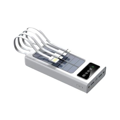 Solar Power Bank, with Built-in Cables, LCD Display, 5-Device Charging, Black/White (White, Milliamp Hours, 30000.0)