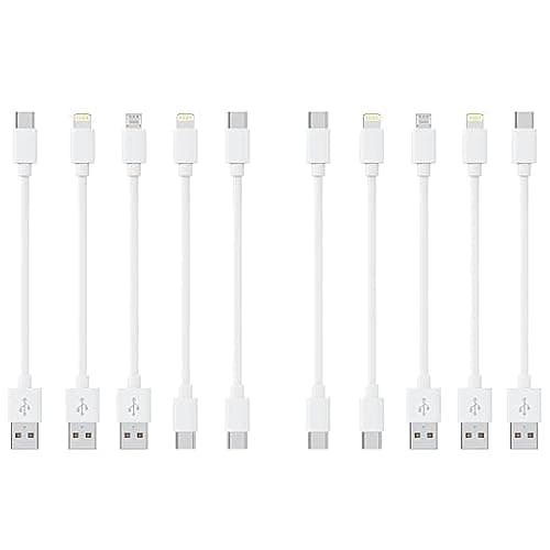 [20CM, 10-Pack] Multi Short USB Charging Cables, Fast Charge & Sync Type-C/Lightn-ing/Micro Cords Bulk for Charging Station Compatible with iPhone16&15, iPhone5-14, iPads, Mobiles, Tablets - White