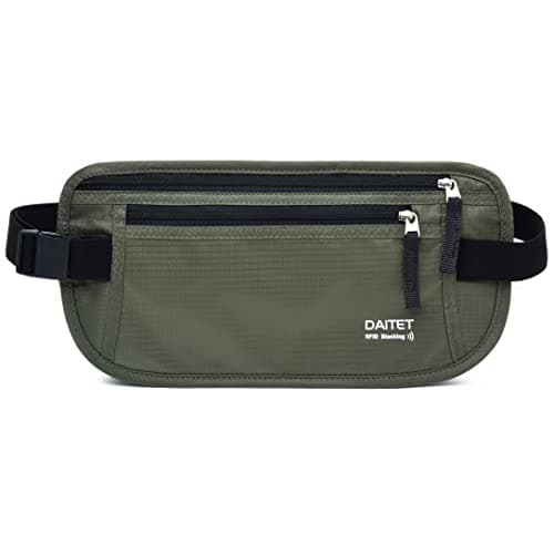 RFID Blocking Money Belt for Men Women, Slim Fanny Pack for Travel,Running,Conceal Waist Wallet for Passport Holder,Phone,Cash(Dark Olive Green)