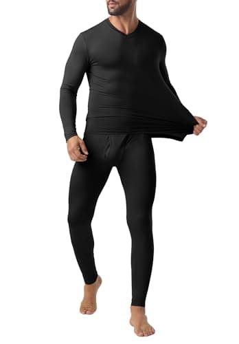 QIXING Mens Thermal Underwear Set Fleece Lined Long Johns Warm Base Layer Set for Winter Ski Football Work (Black, L) — view 2