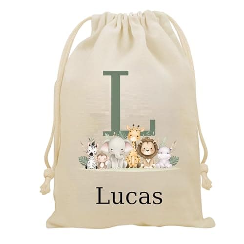 Personalised Gift Bag - Custom Name Jungle Theme Animals Drawstring Sack - Personalise Name Kids Children's Cotton Canvas Newborn Baby Shower Birthday Christening Present Treat - Canvas S - 23 x 34cm