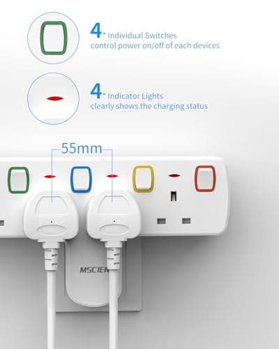 Mscien Plug Extension Socket, Multi Plug Adaptor 4 Way with Individual Switches, Adapter plug UK Turn 1 into 4, Wall Socket Plug Extender without Cable — view 3