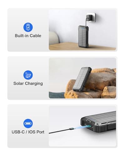 Solar Power Bank, 26800mAh Power Bank with 4 Built-in Cables, Portable Charger with USB-C Fast Charging, Qi Wireless Charging with LED Flashlights, for Cell Phones, Tablets, and Camping — view 6