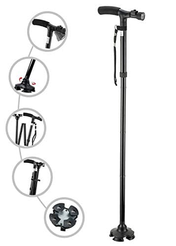 Folding Cane with Led Light, Adjustable Canes and Walking Sticks for Men and Women, Walking Cane Stick for Elderly with Cushion T Handle and Pivoting Quad Base…