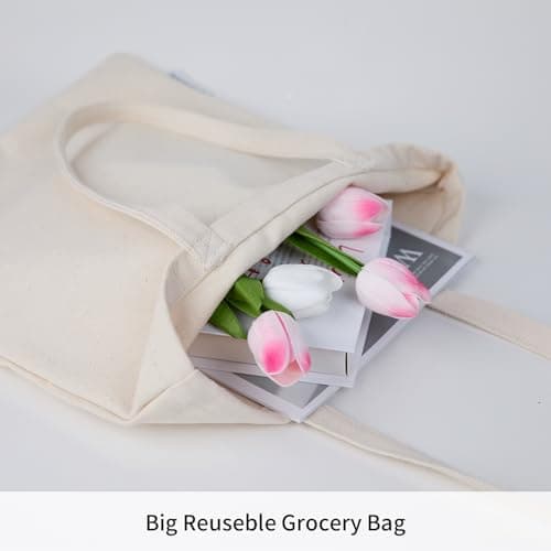 CREAWONDER Canvas Tote Bags with Handles Reusable Grocery Shopping Bag Sturdy Cotton Blank Cloth Bags for Women — view 4