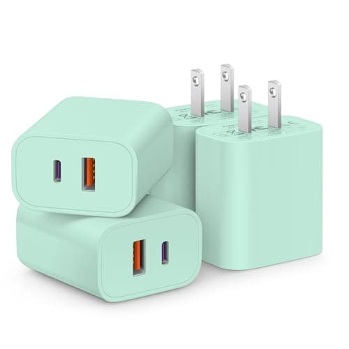 Adpater USB C Charger, 4-Pack Fast Charging Block Multiport, PD 20W USB-C and QC 3.0 USB Port for IP 16/15/14/13/12/11/X/8, i Pad, Sam Sung, Google, Galaxy and Plus - Green
