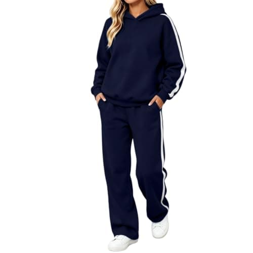 Womens Navy 2 Piece Outfit Pullover Hoodie and Wide Leg Trousers