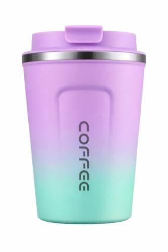 Insulated Travel Coffee Cup with Lid, Stainless Steel Band Travel Coffee Mugs Leak-Proof, Reusable Coffee Tea tumblers, Thermal Insulation Cups for Men Women hot & Cold Drinks (Purple-Mint)