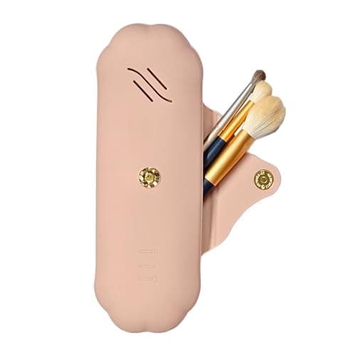 AWINNER Silicone Makeup Brush Holder Travel Cosmetic Bag,Soft Portable Cosmetic Face Brushes Holder with Anti-Fall Out Magnetic Closure, Large Travel Makeup Brush Case, khaki, Modern