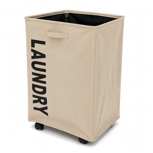 Large 80L Rolling Laundry Hamper | Foldable Clothes Basket with Wheels | Freestanding Washing Bin | Moisture Proof Oxford Fabric Storage Organizer |Beige
