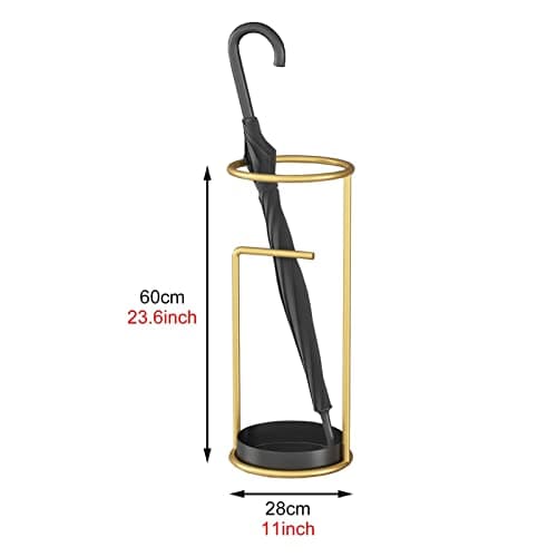 Gold Minimalist Umbrella Stand with Drip Tray & Hook Nordic Round Entry Hallway Organizer Rack for Canes Ski Poles and Golf Clubs — view 3