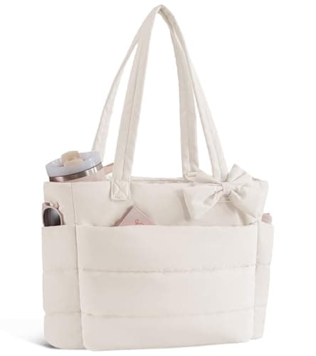 CTWWFS Puffer Tote Bag for Women, Quilted Bow Tote Bag with Cup Holder & 15.6 In Laptop Compartment for Work, Travel, Gym, College (Beige)
