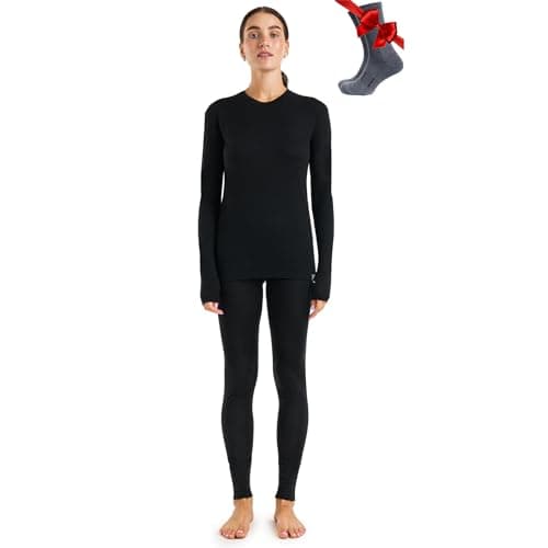 100% Merino Wool Base Layer Womens Set - Thermal Underwear Womens + Socks (Medium, 165 Black)