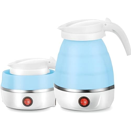 AHDXKUE Foldable Electric Kettle, 600ML Silicone Mini Portable Travel Kettle, Tea Coffee Maker with Separable Power Cord for Outdoor Hiking, Blue