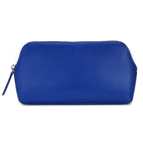 Women's Leather Cosmetic Bag - Medium Travel Makeup Pouch - Make-Up Case (Blue)