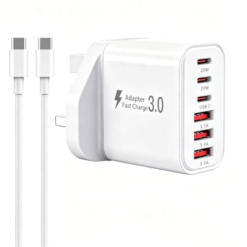 USB C Plug 65W Multi USB C Charger with 3×USB-C & 3×USB-A Port Phone Charger For iPhone 17/16/15/14 Pro Max iPad AirPods Samsung Galaxy Google Pixel USB Plug UK Portable Charger with 1.8M TypeC Cable