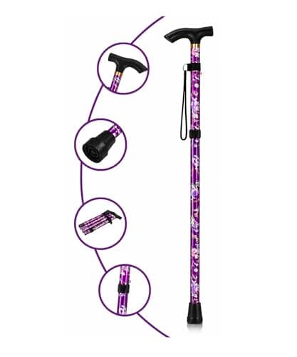 ZallyX Foldable Walking Sticks for Men & Women, 85–95cm Adjustable Ladies Walking Stick, Mobility aids, Collapsible walking stick For Elderly Adults (Purple Flower) — view 2