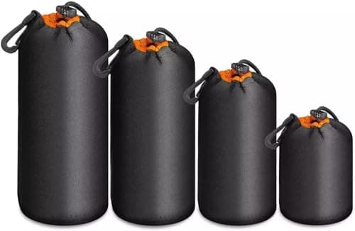 Yangers 4-Pack Camera Lens Pouch Set Case– Thick 4mm Neoprene with Soft Velvet Lining – Water-Resistant Drawstring Bags with Carabiner & Belt Loop – S/M/L/XL for DSLR & Mirrorless Lenses