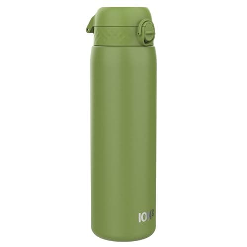 Ion8 Lightweight 1 Litre Steel Water Bottle, Non-Insulated, Leak Proof, Easy to Open, Secure Lock, Dishwasher Safe, Flip Cover, Carry Handle, Ideal for Travel & Active Lifestyles, Khaki Green