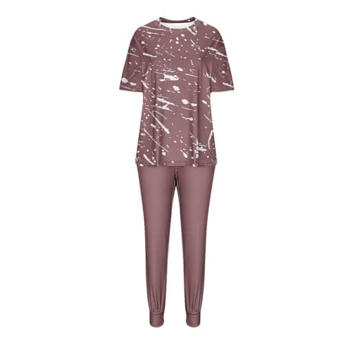 Womens 2 Piece Travel Outfit Gym Tracksuit Set Summer Lounge Outfit Set Sweatsuits Printed Short Sleeve Tops High Waist Wide Leg Drawstring Joggers Pocket Sweatpant Casual Loose Holiday Dailywear 6-16 — view 5