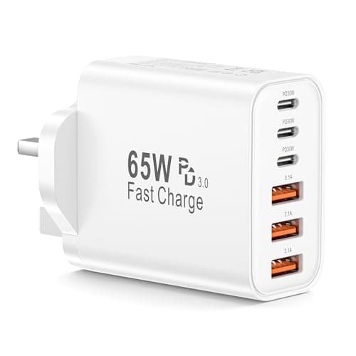 65W USB C Charger, 6-Port Multi Charger UK Plug, 3 Type-C & 3 USB-A