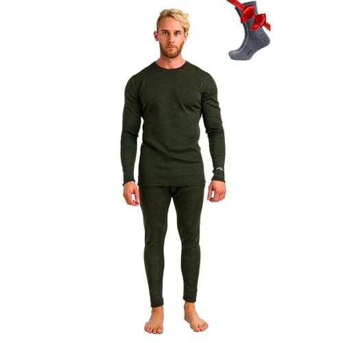100% Merino Wool Base Layer Men Set - Thermal Underwear Mens + Hiking Socks (Medium, 320 Army Green)